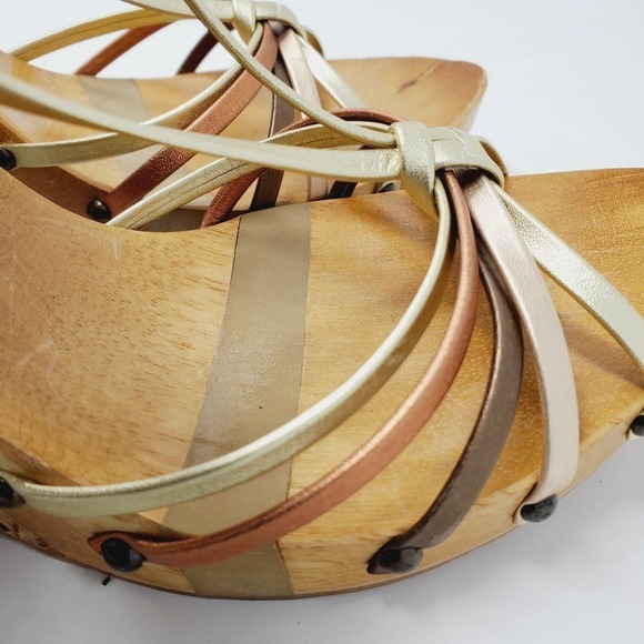 Jessica Simpson Cork  Foil Leather Straps Wooden Retro Wedges Sz 9B - Picture 10 of 10
